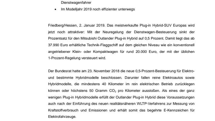 ​Dienstwagen-Besteuerung: Outlander Plug-in Hybrid* profitiert von geringerem Steuersatz