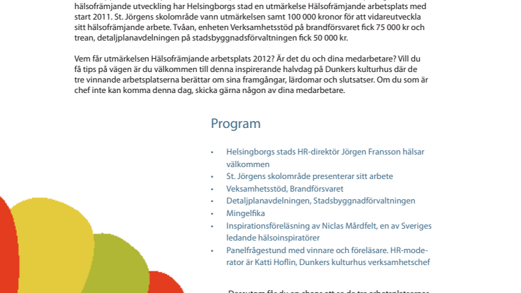 inbjudan till inspirationsdag Hälsofrämjande arbetsplatser i Helsingborgs stad: erfarenheter och framgångsfaktorer
