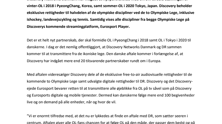 DISCOVERY OG DR INDGÅR PARTNERSKAB OM DE OLYMPISKE LEGE