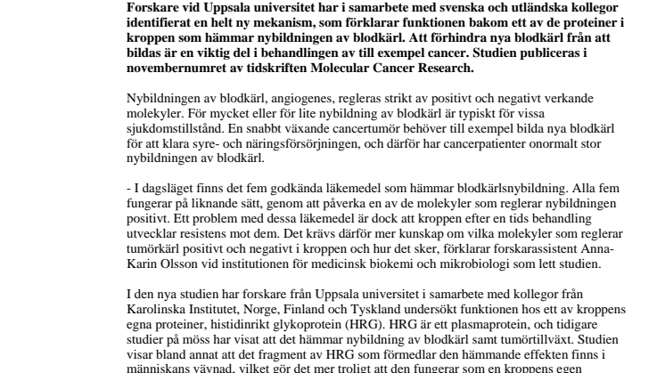 Ny mekanism förklarar hur kroppen hämmar nybildning av blodkärl 