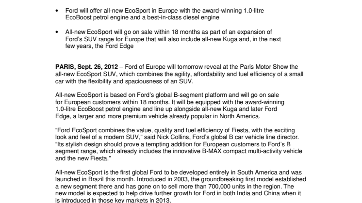 Ford Reveals EcoSport at Paris Motor Show; All-New SUV Combines Flexibility and Space with Small Car Practicality