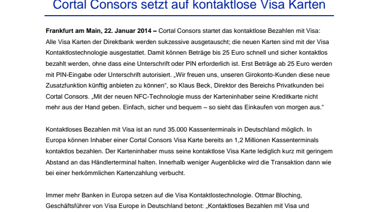 Cortal Consors setzt auf kontaktlose Visa Karten