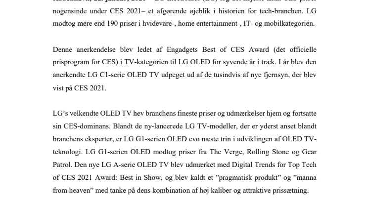  LG MODTAGER REKORDMANGE PRISER UNDER DEN FØRSTE DIGITALE CES 