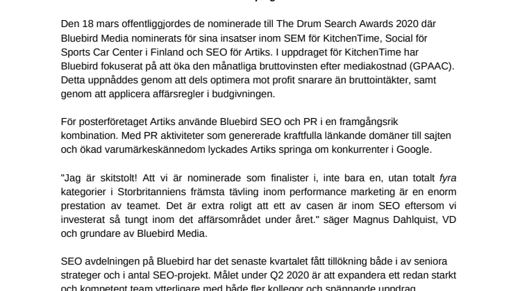  Bluebird Media nominerade till 4 kategorier i  The Drum Search Awards 2020
