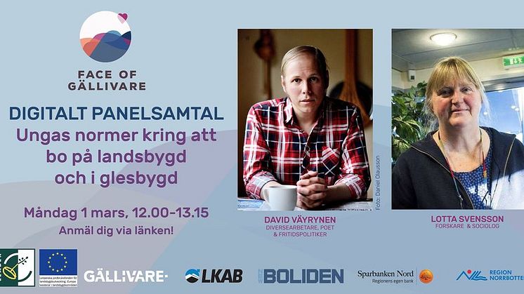 David Väyrynen och Lotta Svensson i ett digitalt panelsamtal om Ungas normer kring att bo på landsbygd och i glesbygd. Arrangör Face of Gällivare.