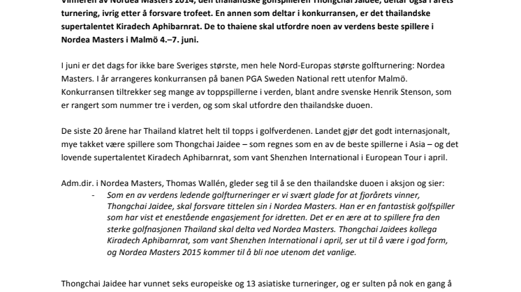 Fjorårets vinner Thongchai Jaidee returnerer til Nordea Masters 2015