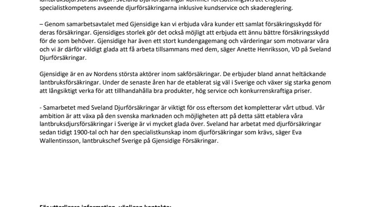 ​​​Sveland Djurförsäkringar har tecknat avtal med Gjensidige 