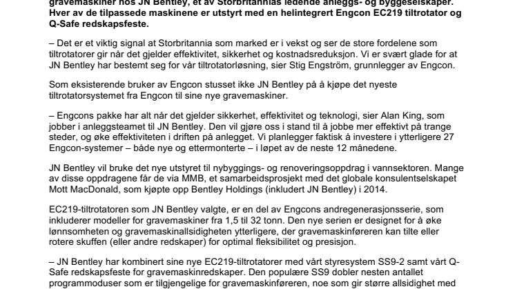 Britiske JN Bentley øker gravemaskineffektiviteten med tiltrotatorer fra Engcon  – markeder utenfor Norden omfavner tiltrotatorteknologien