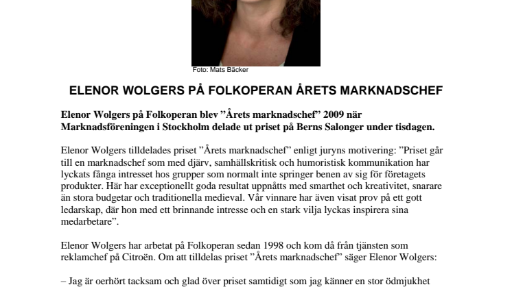 Elenor Wolgers på Folkoperan årets marknadschef