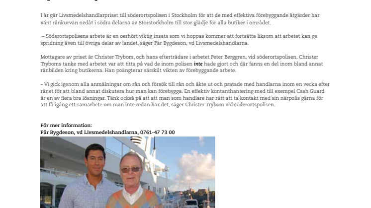 Söderortspolisen i Stockholm får Livsmedelshandlarpriset 2010