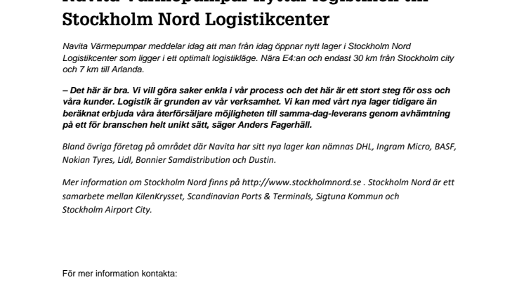 Navita Värmepumpar flyttar logistiken till Stockholm Nord