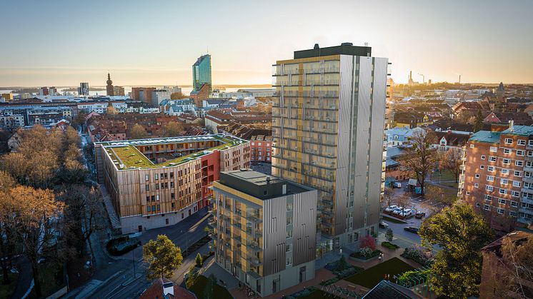 Det 16 våningar höga kvarteret Hulte (till höger) delar entré med Mimers nya co-living Livet (till vänster).