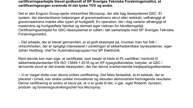 Sikkert låsesystem til hurtigskift på gravemaskiner får unik certificering
