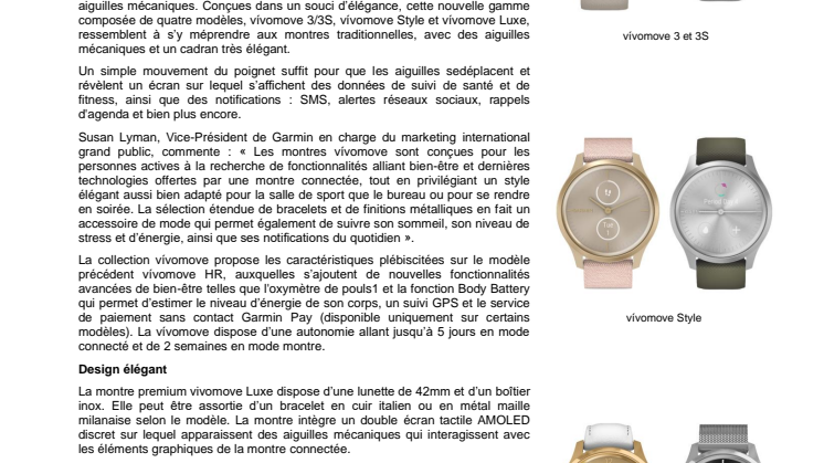 Garmin présente la toute dernière collection vívomove, dotée de nouvelles fonctionnalités de bien-être, d’un suivi GPS et de Garmin Pay