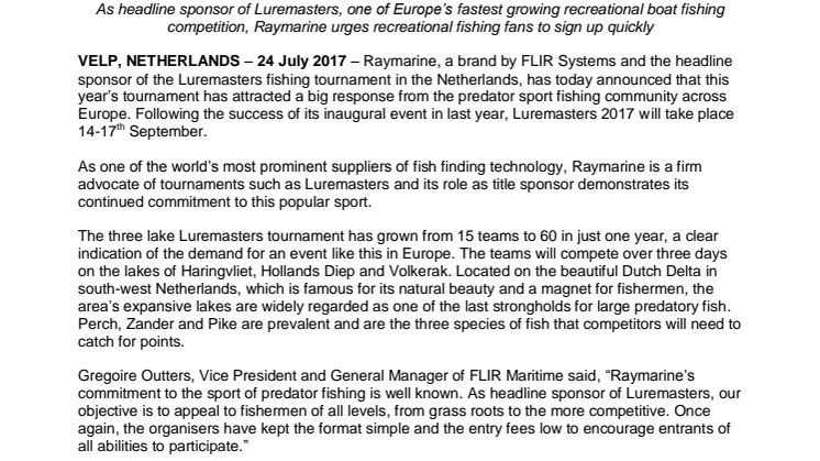 Raymarine: Raymarine sponsored Luremasters Tournament on Course to be a Sell-Out