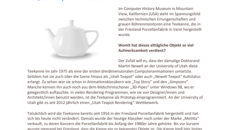 Presseinformation: Der „Utah Teapot“ von Friesland Porzellan