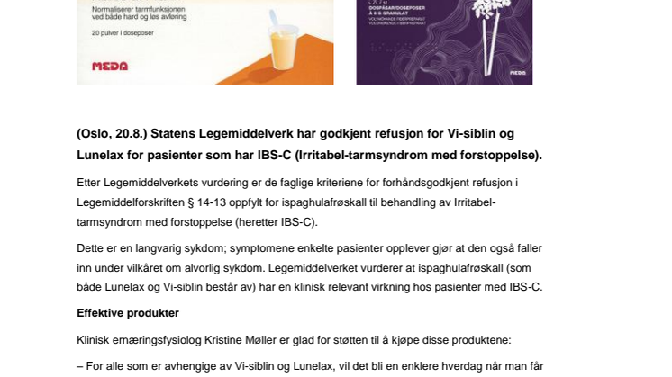 Forhåndsgodkjent refusjon for Vi-Siblin og Lunelax