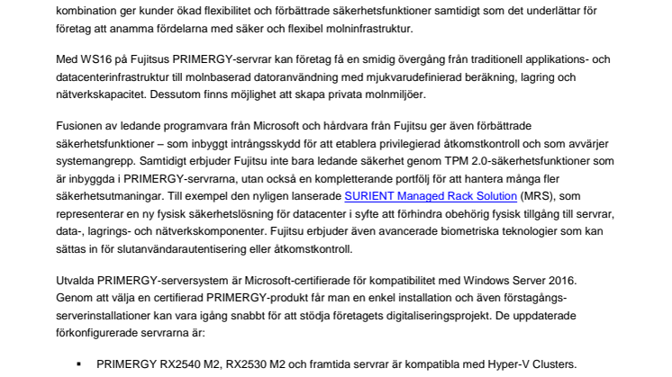 Fujitsu lanserar PRIMERGY-servrar med Windows Server 2016
