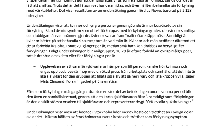 Kvinnor och unga besväras mest av förkylningar