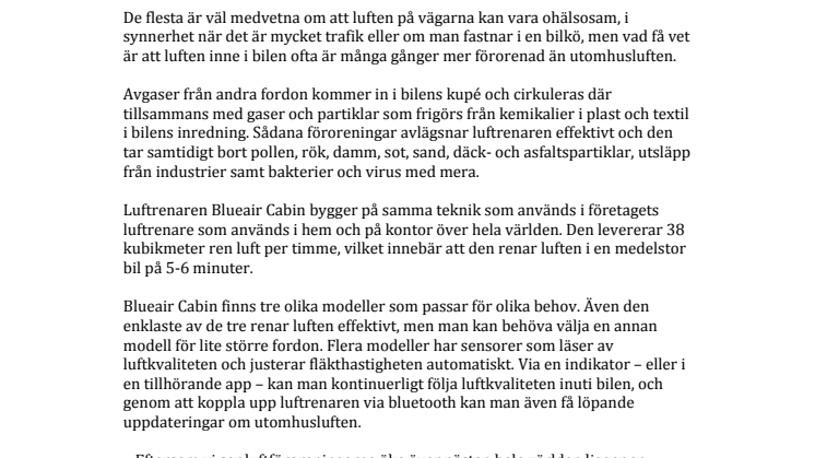 Blueair renar luften i bilen på sex minuter