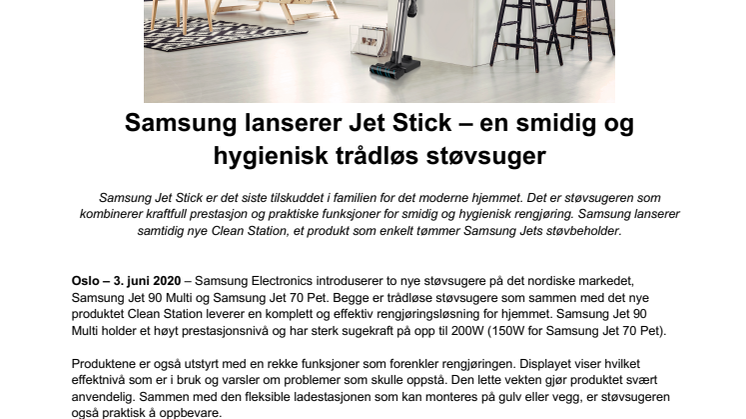 Samsung lanserer Jet Stick – en smidig og hygienisk trådløs støvsuger