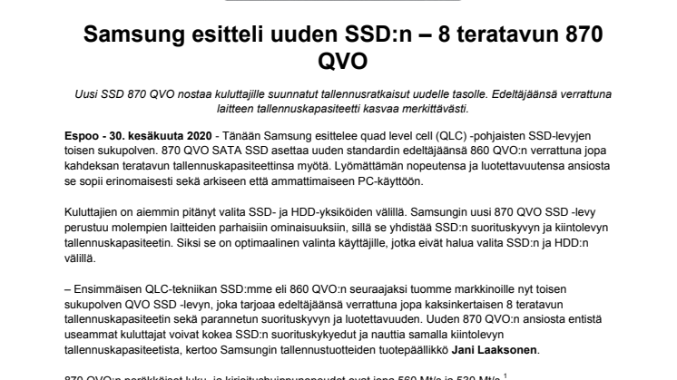 Samsung esitteli uuden SSD:n – 8 teratavun 870 QVO