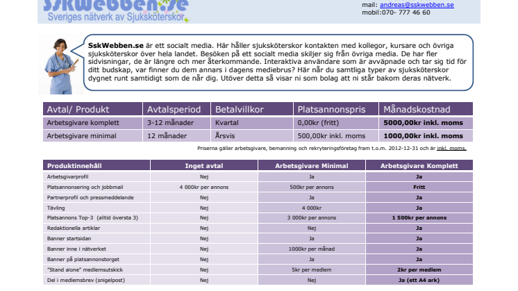 Prislista för arbetsgivare 2012