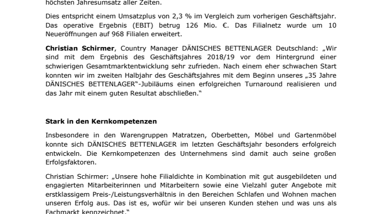 Geschäftsjahr 2018/19: Neuer Umsatzrekord für DÄNISCHES BETTENLAGER