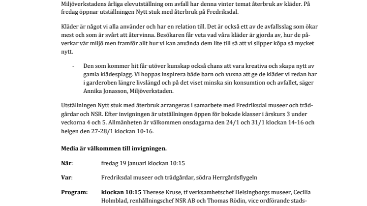 Pressinbjudan: Nytt stuk med återbruk – klädutställning och verkstad