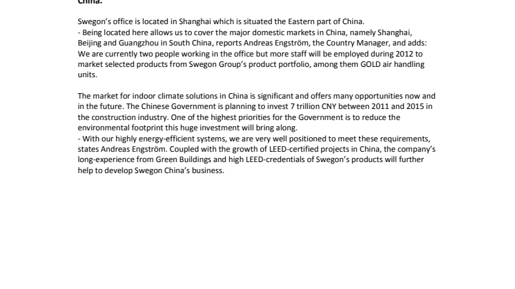 Swegon China - Open and ready for business!
