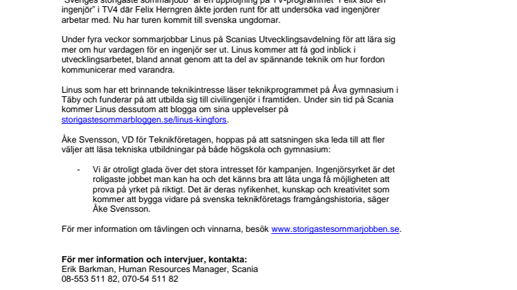 Linus från Stockholm vann störigt sommarjobb på Scania