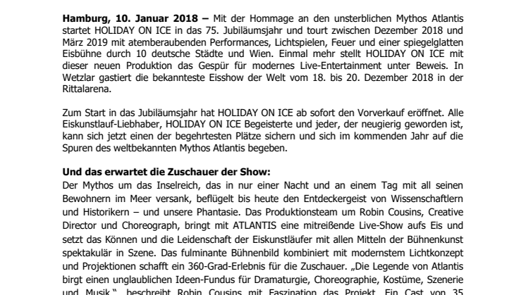 HOLIDAY ON ICE eröffnet Vorverkauf zur Jubiläumssaison 2018/2019 für Show ATLANTIS in Wetzlar