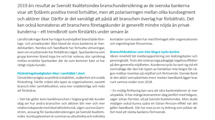 Svenskt Kvalitetsindex om bankbranschen 2019