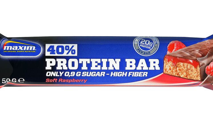 Maxim 40% Protein Bar -urheiluravinnepatukat sisältävät runsaasti proteiinia mutta vain vähän sokeria