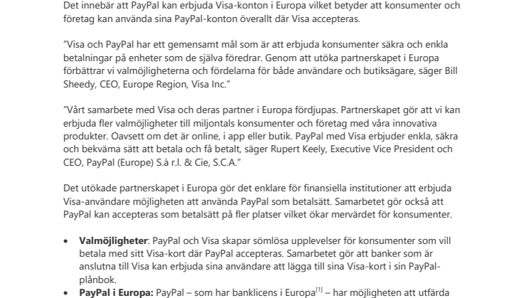 Visa och PayPal utökar partnerskap i Europa 