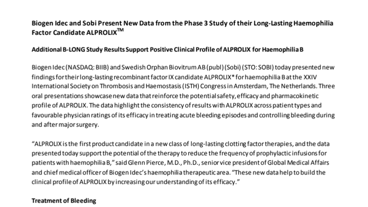 Biogen Idec and Sobi Present New Data from the Phase 3 Study of their Long-Lasting Haemophilia Factor Candidate ALPROLIX (TM)
