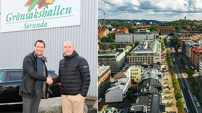 Fredrik Allywood från Martin & Servera Restauranghandel hälsas välkommen av Anders Andersson, Grönsakshallen Sorunda