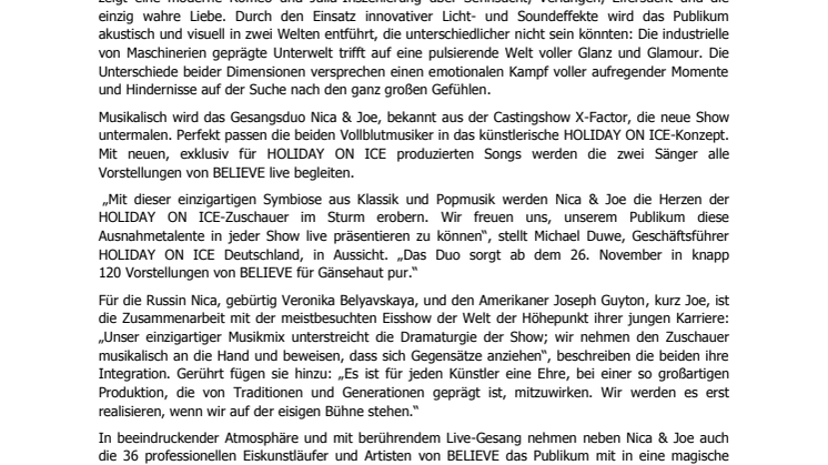 Große Gefühle garantiert: HOLIDAY ON ICE kündigt neue Show BELIEVE mit Livemusik von Nica & Joe an