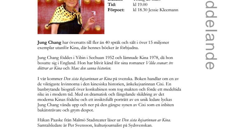 Stadsbiblioteket: Internationell författarscen Malmö – kinesiska författaren Jung Chang