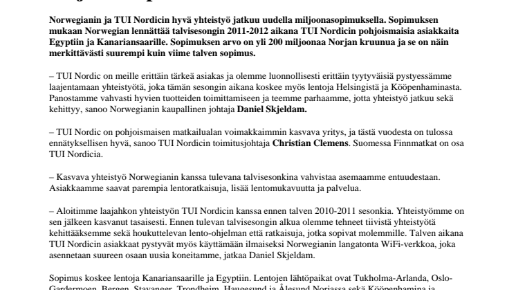 TUI Nordic ja Norwegian solmivat miljoonasopimuksen