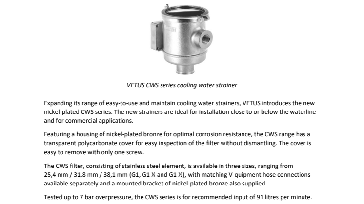 VETUS Expands Range of Cooling Water Strainers with New Nickel-Plated CWS Series 