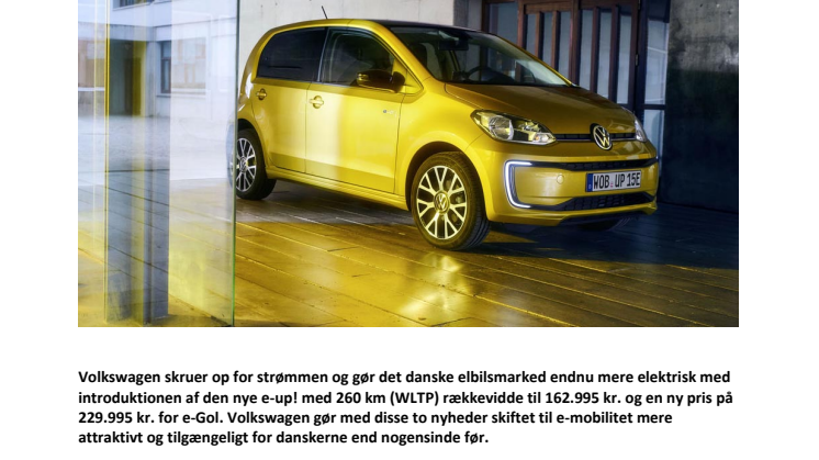 Volkswagen skruer op for strømmen og ned for prisen - ny e-up! fra 162.995 kr. og e-Golf fra 229.995 kr.