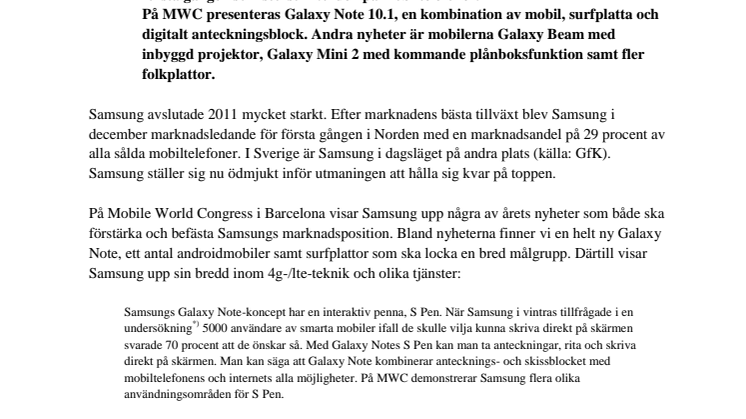 Från telekombranschens världsmässa Mobile World Congress 2012: Samsung startar året som nordisk marknadsetta
