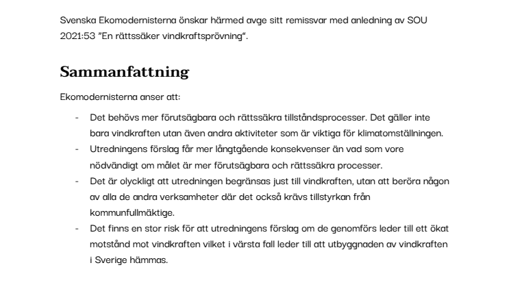 Remiss av SOU 2021:53 En rättssäker vindkraftsprövning