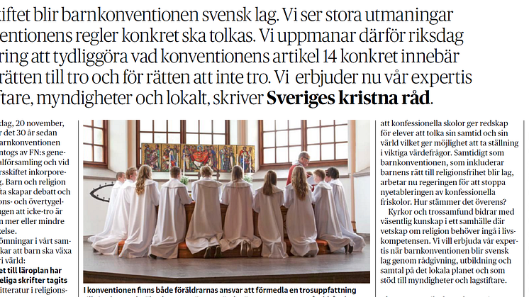 Kyrkoledare inom Sveriges kristna råd skriver om barnkonventionen på DN debatt onsdagen den 20 november. 