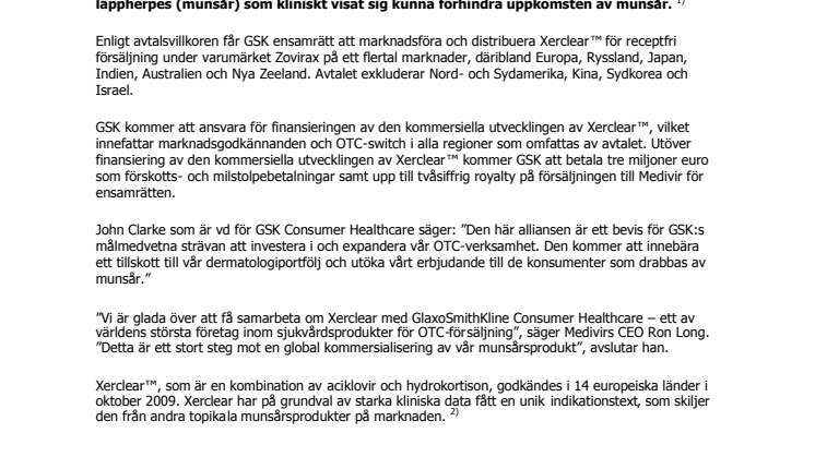 GlaxoSmithKline ingår avtal med Medivir om ensamrätt att marknadsföra Xerclear™ mot munsår 