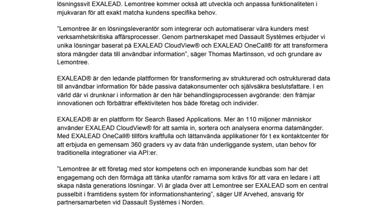 Lemontree och Dassault Systèmes sluter partneravtal om EXALEAD