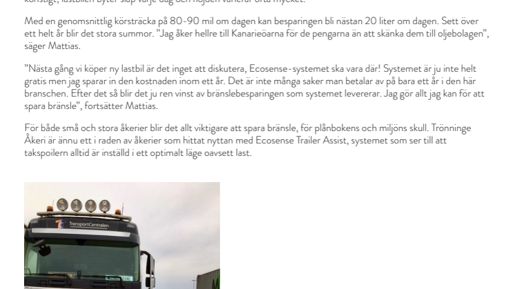 Upp till 2 L/100 km bränslebesparing med Ecosense Trailer Assist för Trönninge Åkeri
