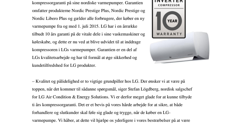 LG LANCERER TI ÅRS KOMPRESSORGARANTI PÅ SINE NORDISKE VARMEPUMPERE