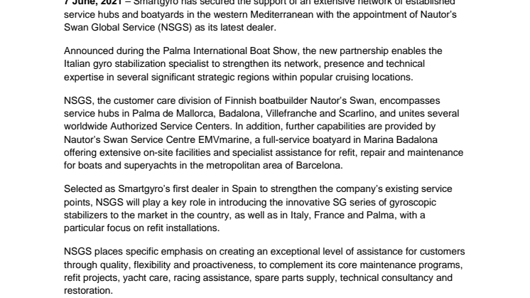 Nautor's Swan Global Service Brings Mediterranean Hubs to Expanding Smartgyro Dealer Network